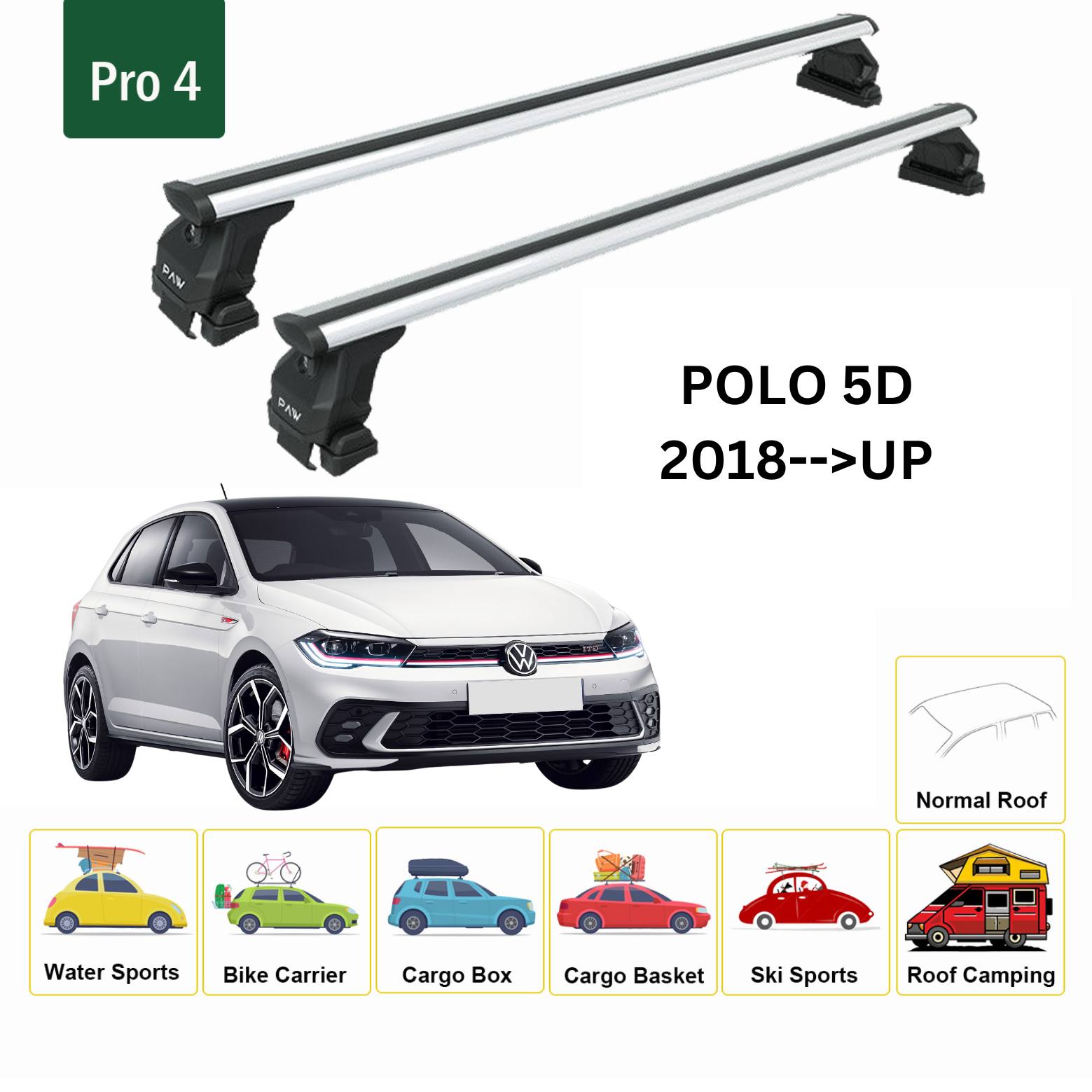 For Volkswagen Polo 5D 2018-Up Roof Rack Cross Bar Metal Bracket Normal Roof Alu Silver For Volkswagen Polo 5D 2018-Up Roof Rack Cross Bar Metal Bracket Normal Roof Alu Silver